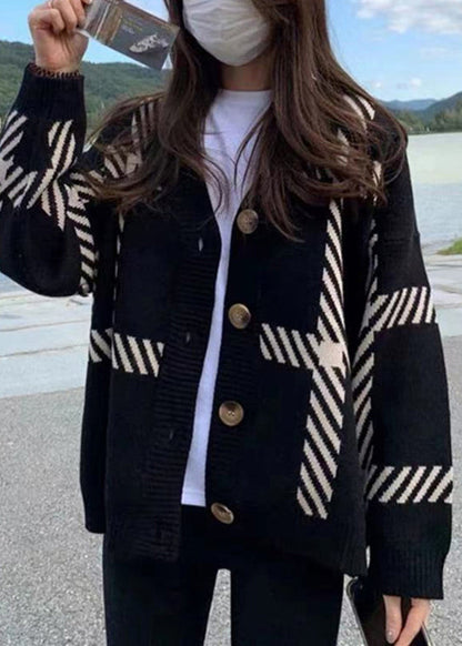 Khaki V Neck Striped Button Knit Cardigan Fall