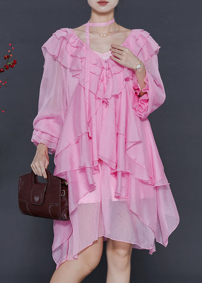 Stylish Pink Asymmetrical Ruffles Chiffon Mid Dress Fall