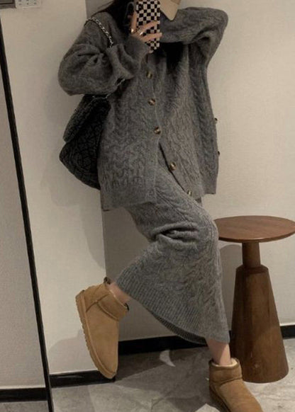 French Khaki V Neck Cardigans and Skirts Knit Two Pieces Set Winter