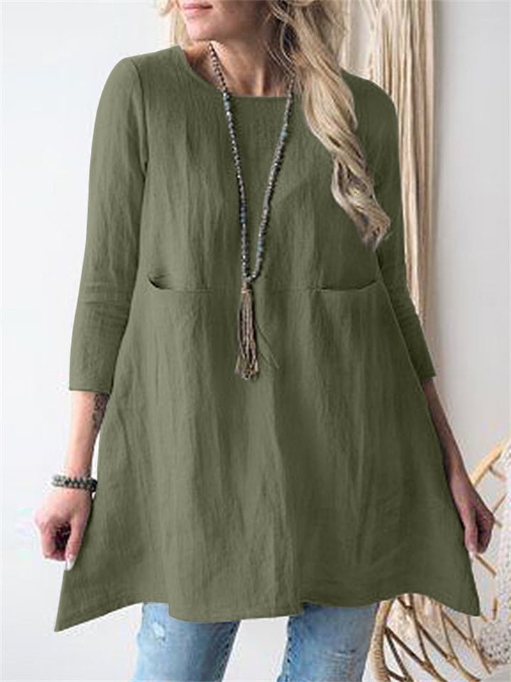 New Color Loose Waist Round Neck Seven-quarter Sleeve Cotton and Linen and Comfortable Dresses
