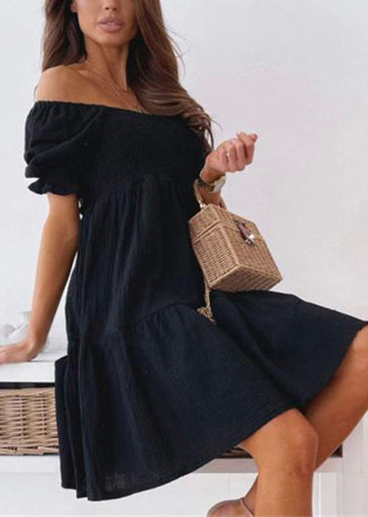 Beige Slash Neck Patchwork Cotton Mid Dress Summer