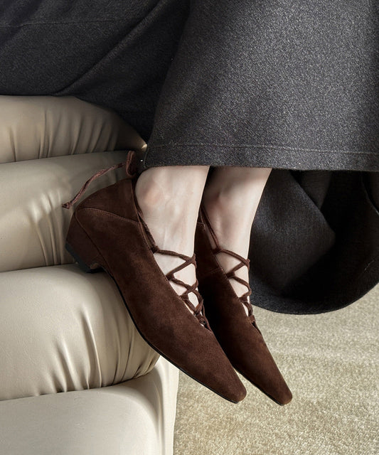 Brown Suede Cross Strap Splicing French Chunky Shoes