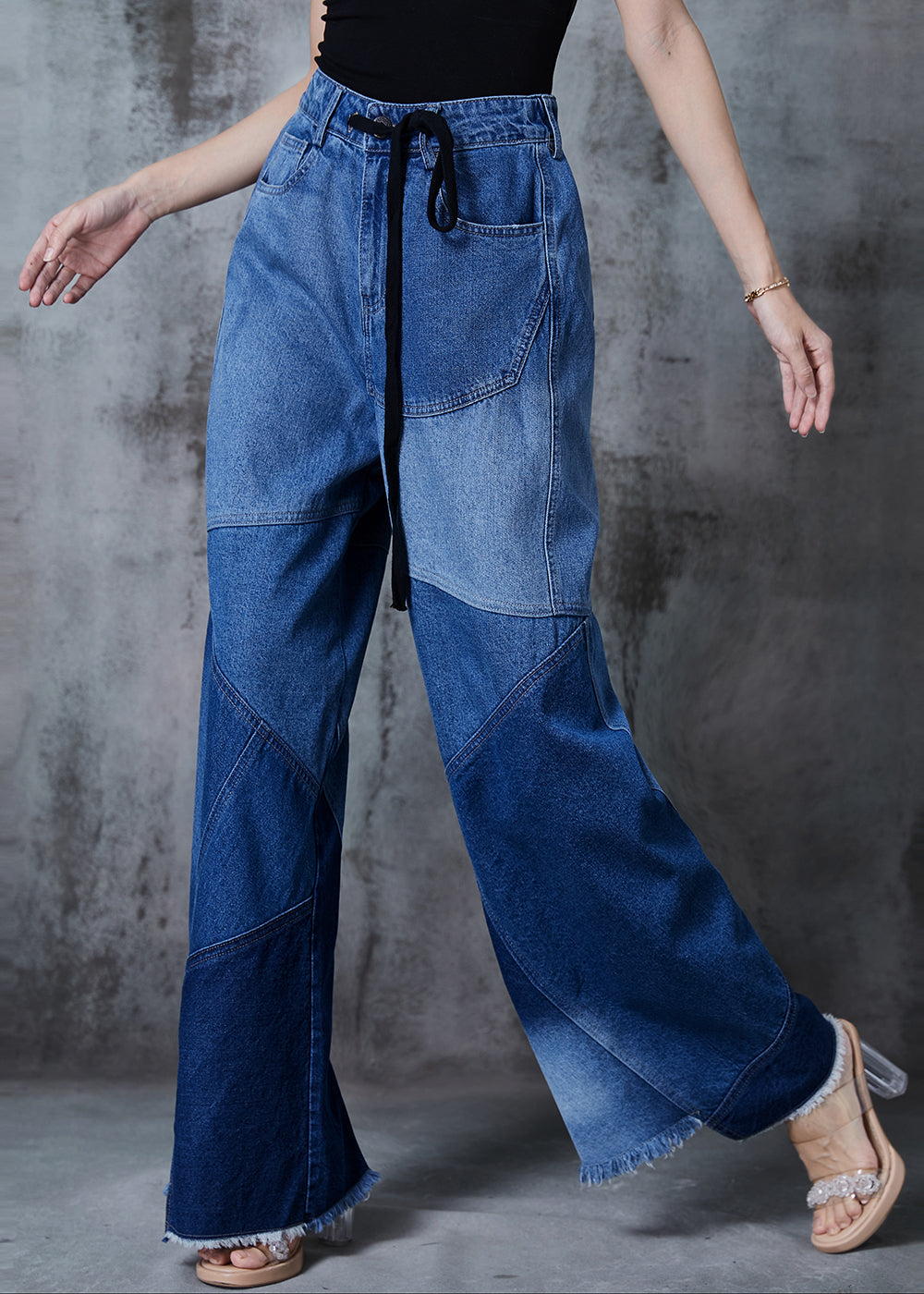 Blue Asymmetrical Patchwork Denim Pants Fall