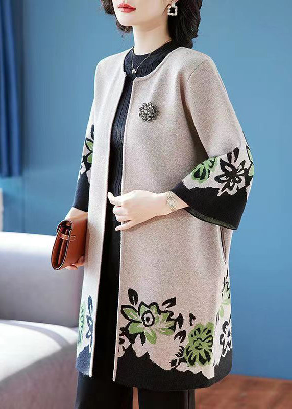 Camel O Neck Print Patchwork Knit Cardigans Fall