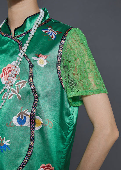 Green Embroidered Draping Silk Dresses Two Pieces Set Summer