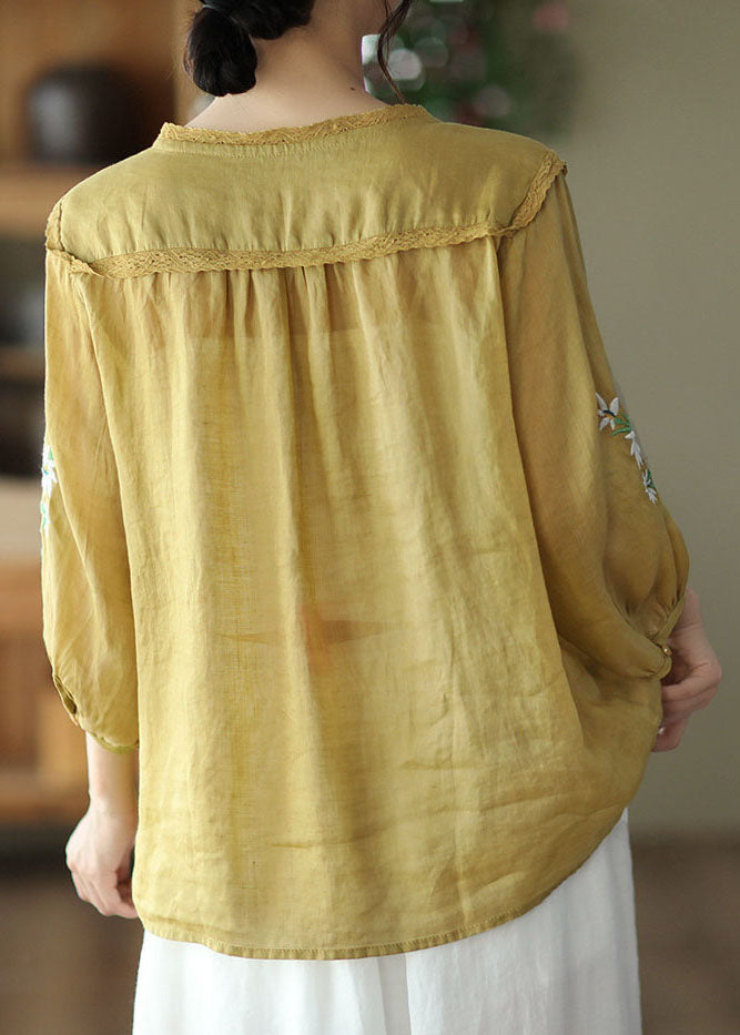 Italian Yellow Embroidered Lace Patchwork Linen Shirt Tops Bracelet Sleeve