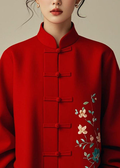 Red Stand Collar Print Cotton Coats Fall