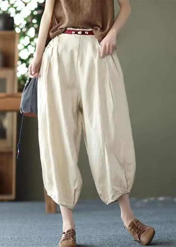 Beige Pockets Wrinkled Patchwork Linen Harem Pants Summer