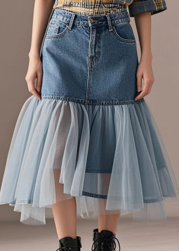 Blue Wraped Patchwork Tulle Denim Skirts Spring