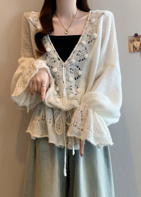 White V Neck Hollow Out Knit Cardigans Fall