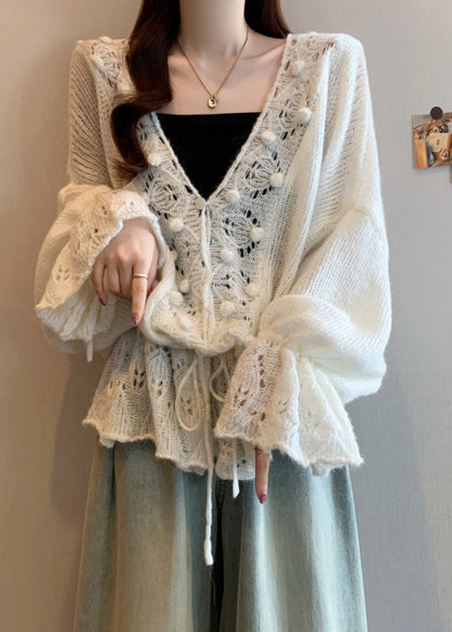 White V Neck Hollow Out Knit Cardigans Fall