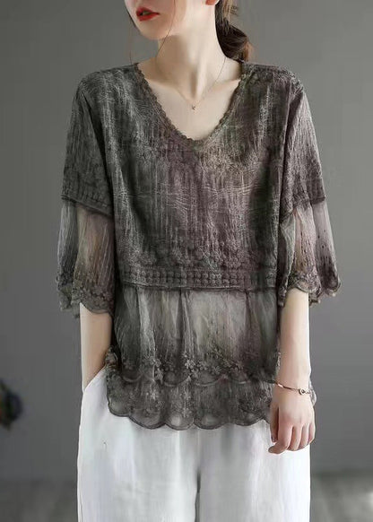 White Embroidered Lace Patchworktops Half Sleeve