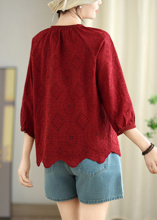 Red Oversized Hollow Out Cotton Shirt Top Summer