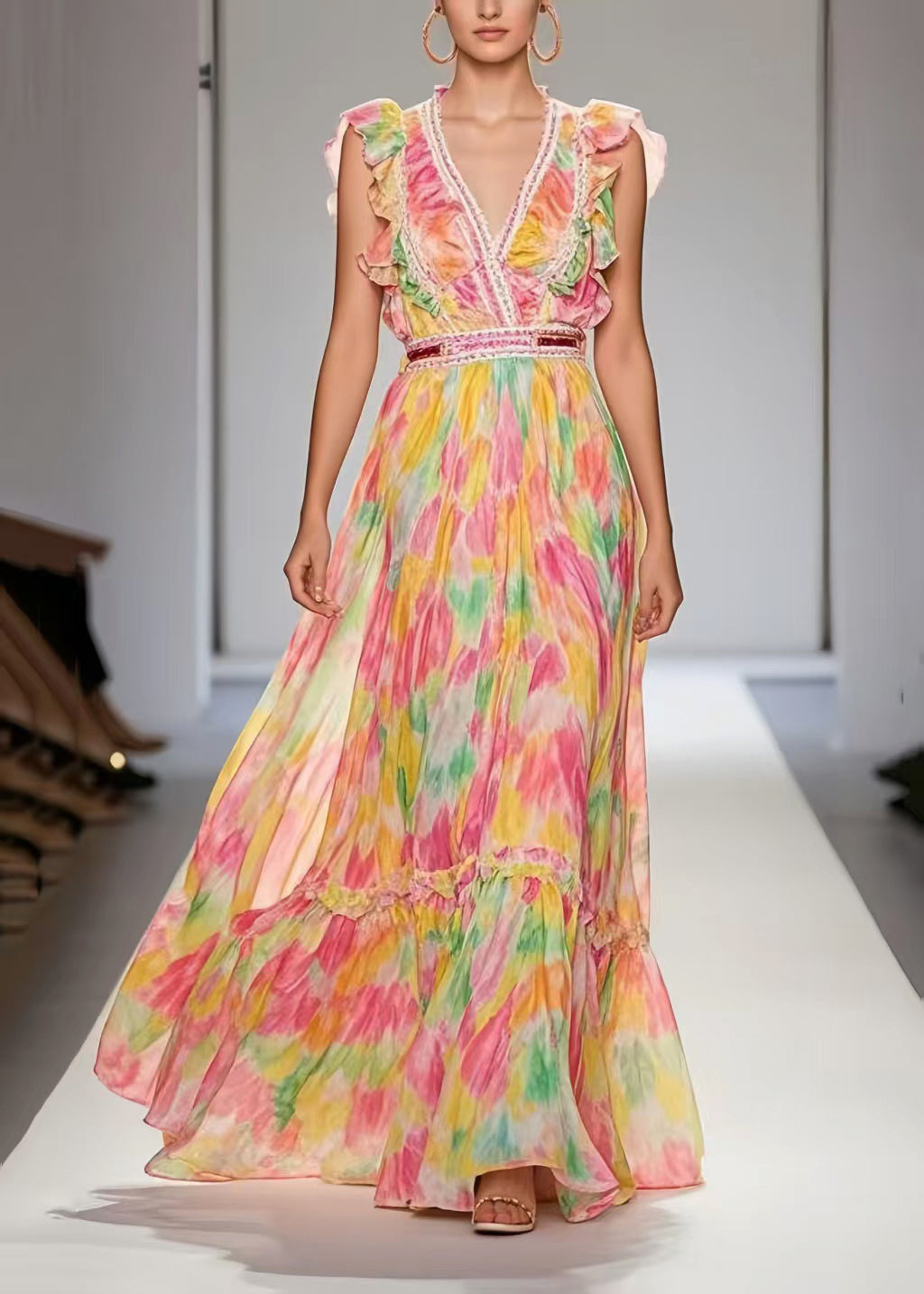 Pink Ruffled Print Exra Large Hem Chiffon Party Dress Sleeveless