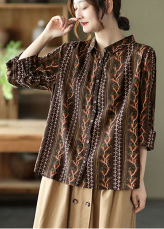 Stylish Chocolate Button Peter Pan Collar Print Shirts Spring
