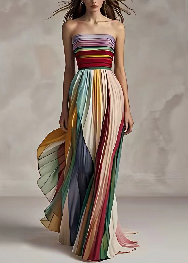 Striped Cold Shoulder Wrinkled Long Dress Sleeveless