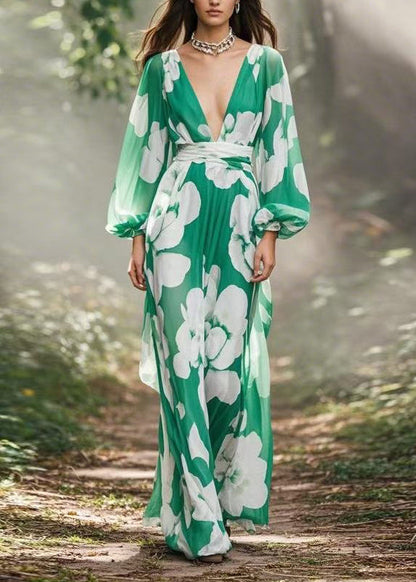 Green V Neck Print Chiffon Maxi Dress Spring