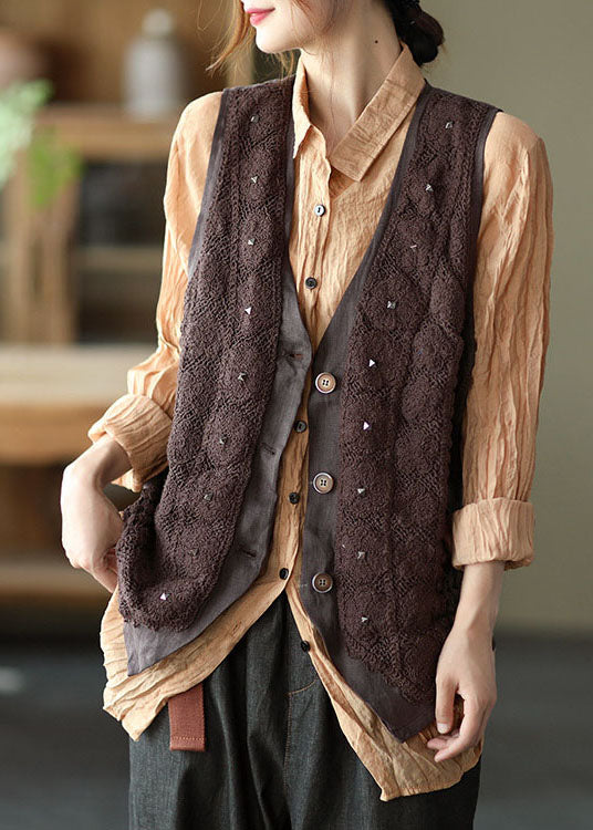Stylish Chocolate Patchwork Button Rivet Fall Sleeveless Vest