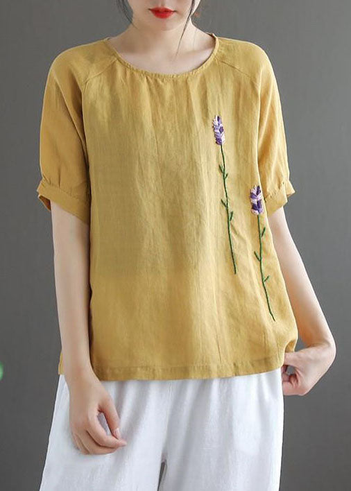 Ginger Embroidered Linen Tops Short Sleeve