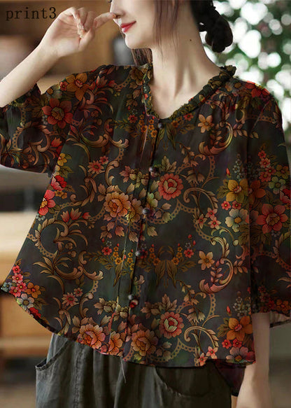 Pink V Neck Ruffled Print Linen Blouse Top Half Sleeve