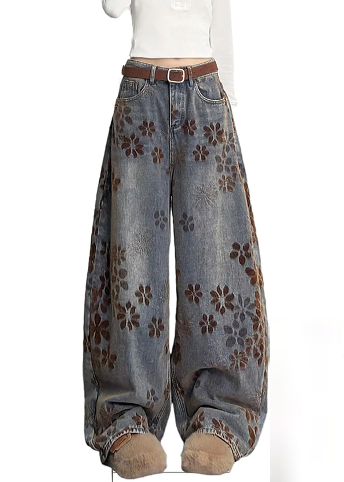 Navy Oversized Print Denim Pants Spring