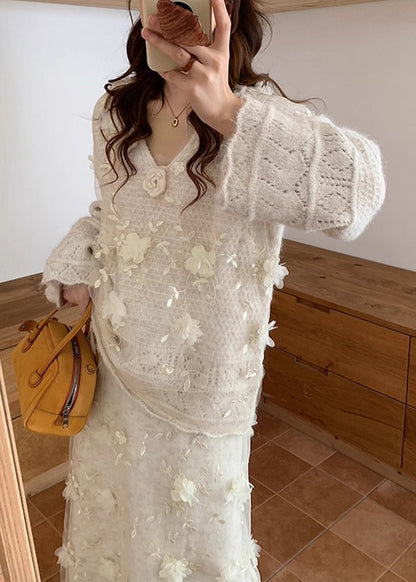 Beige Hollow Out Sweaters and Skirts Patchwork Knit Two Piece Set Fall