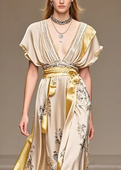 Champagne Cinched Patchwork Print Silk Robe Dresses Summer