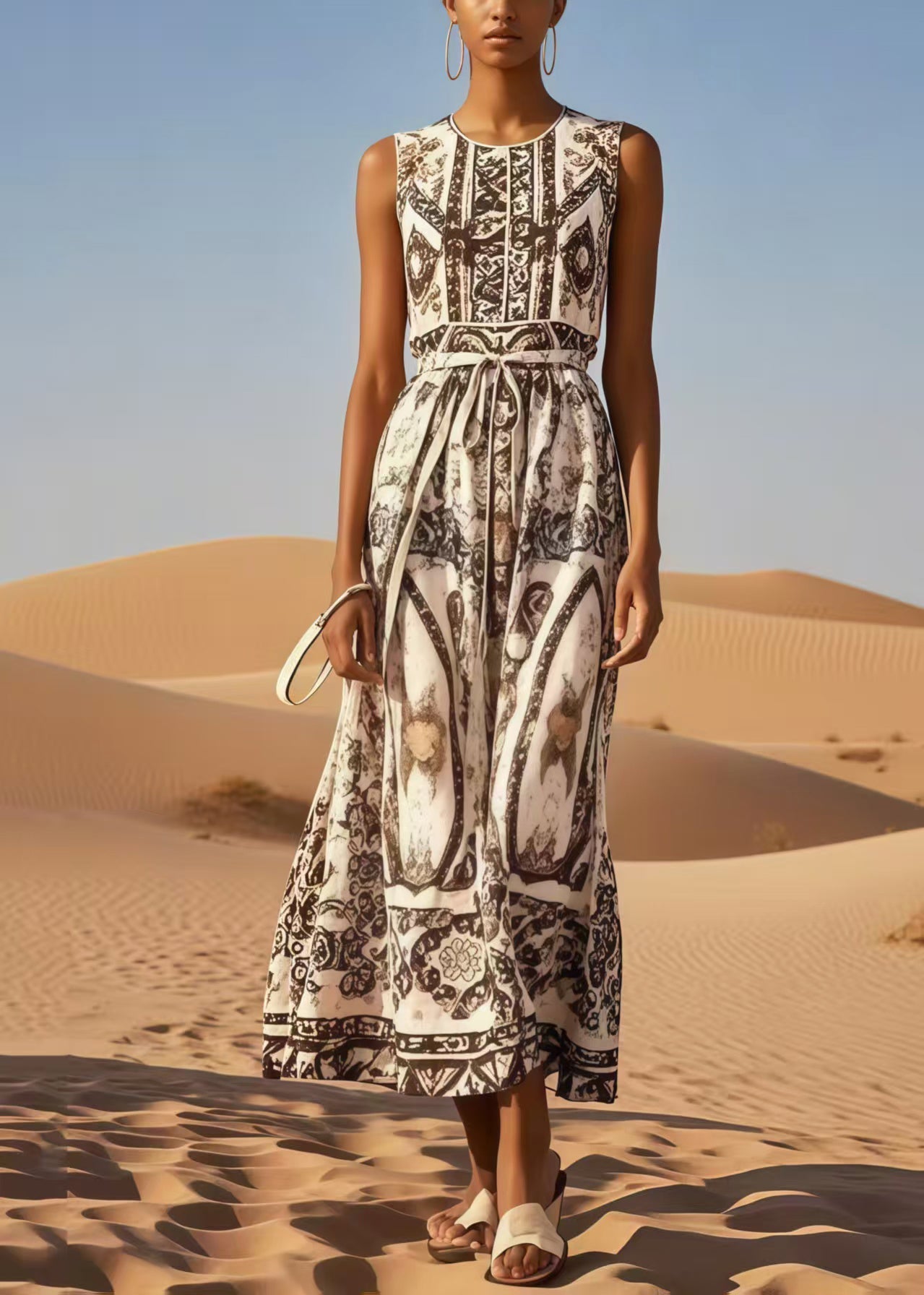 Brown Tie Waist Print Cotton Long Dress Summer