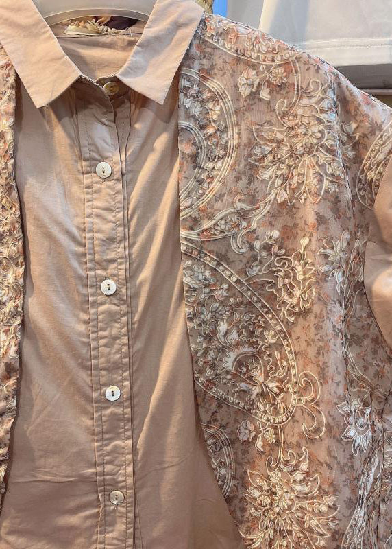 Khaki Peter Pan Collar Print Patchwork Cotton Shirt Top Summer