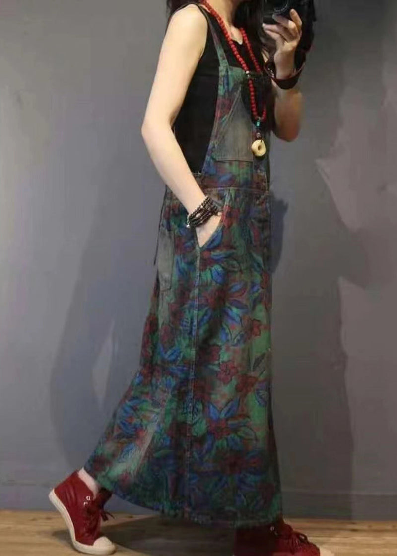 Print Pockets High Waist Denim Straps Dress Sleeveless