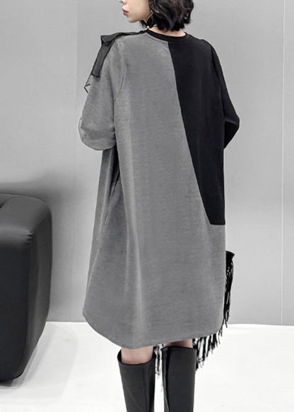 Grey O-neck Tulle Patchwork Cotton Knit Long Sweater Dress Lantern Sleeve