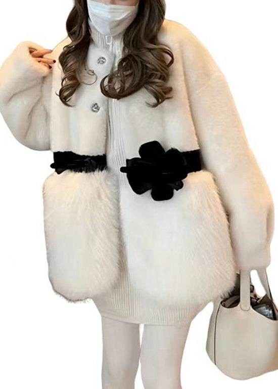 White O Neck Bow Patchwork Mink Hair Coat Winter