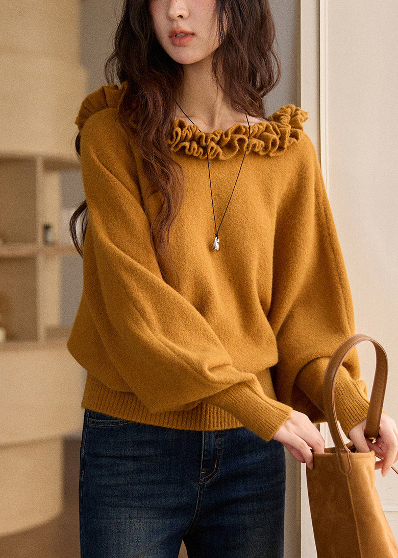 Yellowish Brown Ruffled Knit Sweaters Winter