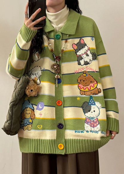 Green Embroidered Striped Knit Coats Spring