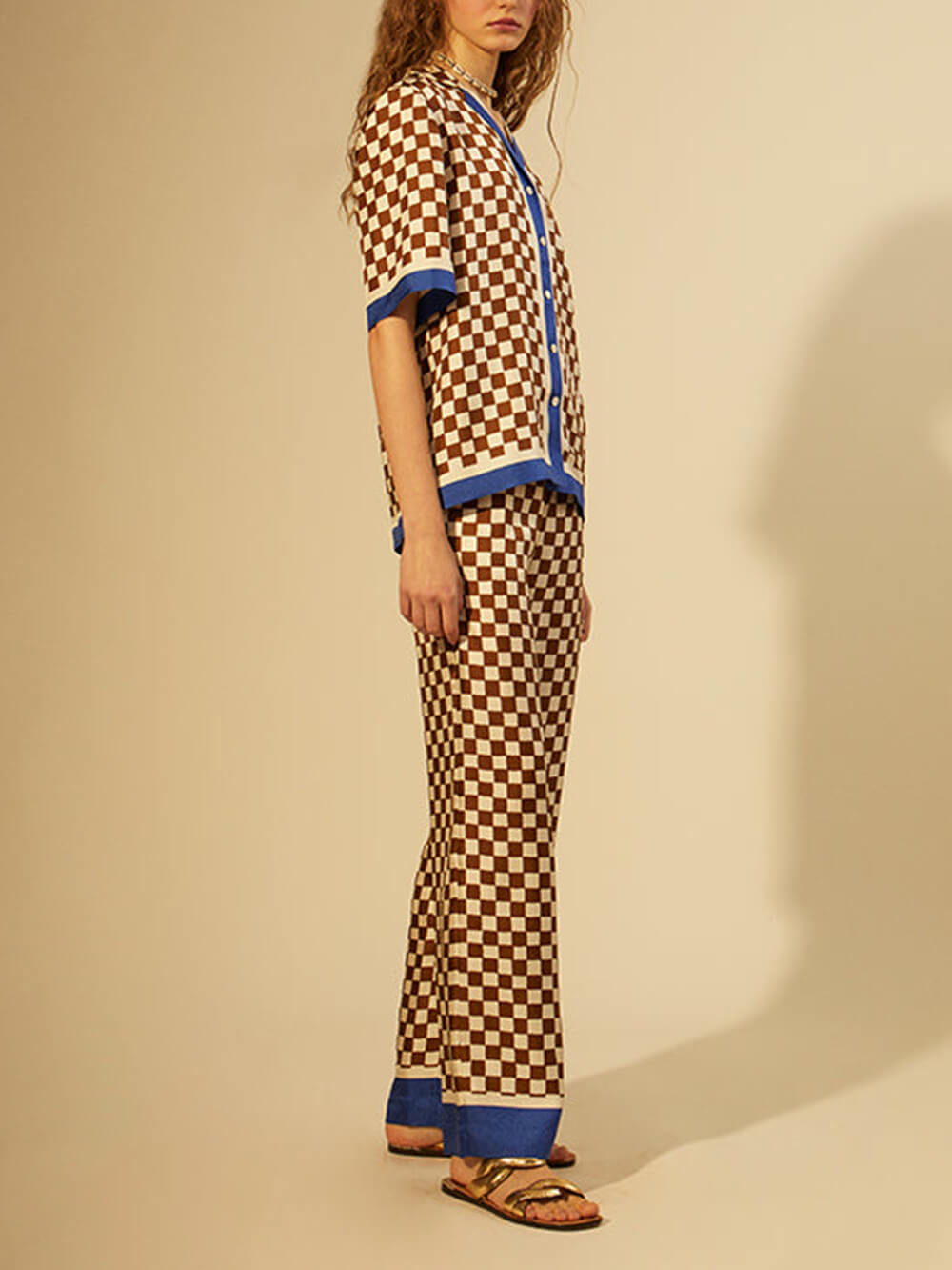 Checkerboard Blue Stripe Unique Print Patchwork Loose Top