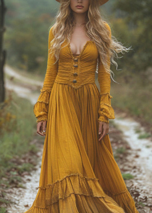 Yellow Wrinkled Patchwork Cotton Long Dresses Fall