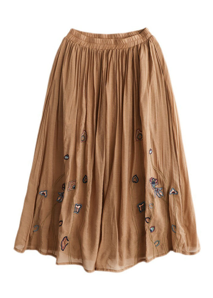Italian Khaki Embroidered Exra Large Hem Linen Silk Skirts Spring