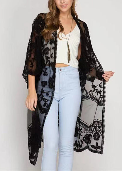 European and American Black Embroidered Lace Beach Cardigan