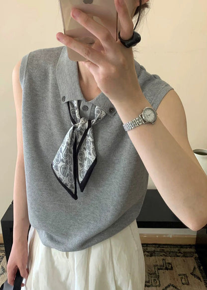 Grey Peter Pan Collar Scarves Knit Shirt Top Sleeveless