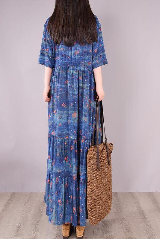 Pleated Lace-up Print Maxi Dress