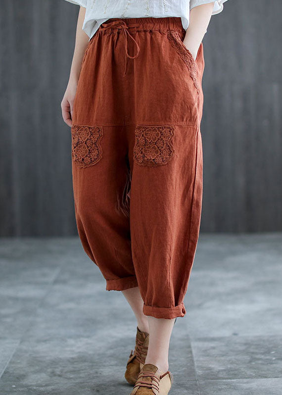 Mulberry Hollow Out Lace Patchwork Linen Harem Pants Fall
