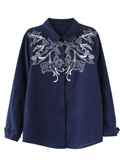 Classy Navy Peter Pan Collar Embroidered Cotton Blouses Long Sleeve