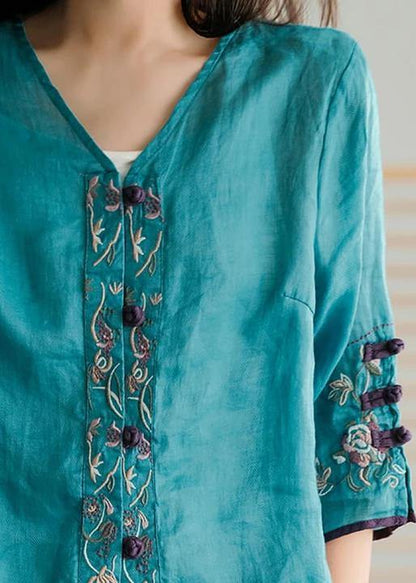 Yellow Ramie Cardigan Embroidered Shirt