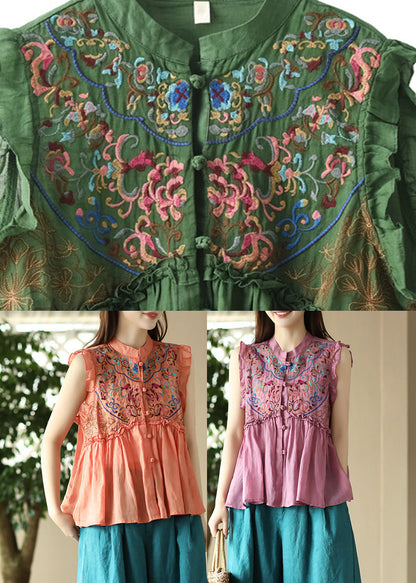 Art Pink Embroidered Ramie Shirts Sleeveless