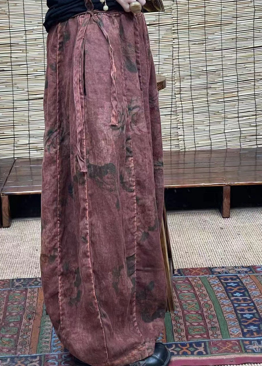 Diy Brick Red Pockets Print Patchwork Linen Lantern Pants Summer