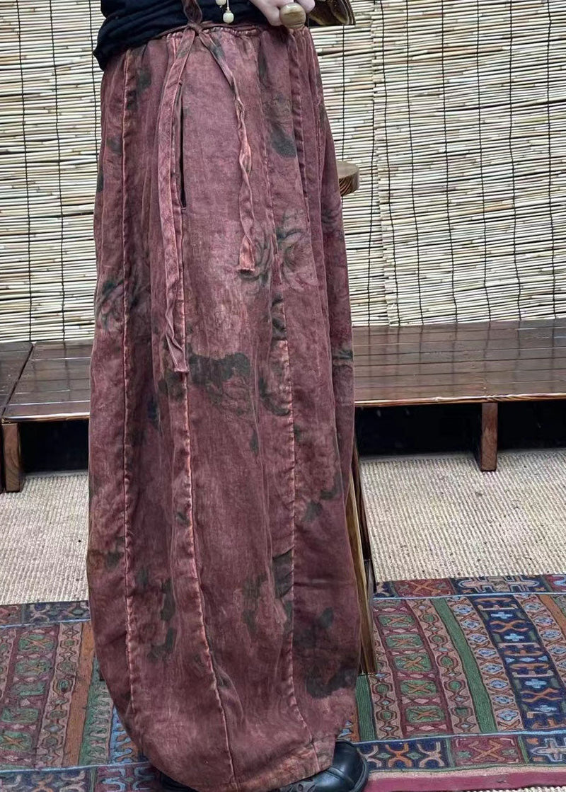 Diy Brick Red Pockets Print Patchwork Linen Lantern Pants Summer