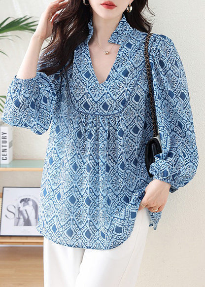 Blue V Neck Geometric Print Chiffon Blouse Top Lantern Sleeve