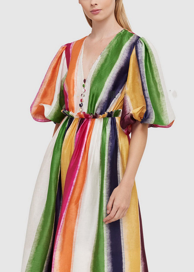 Rainbow V Neck High Waist Cotton Long Dress Summer