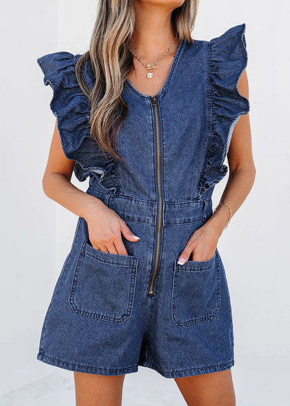 Stylish Navy O-neck Ruffled Zippered Denim Jumpsuit Short Sleeve