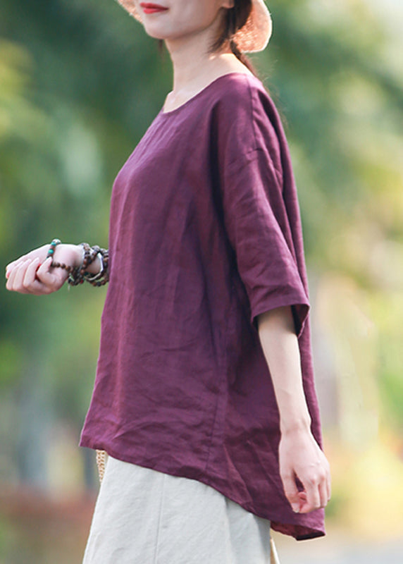 Purple O-neck Linen Shirts Summer